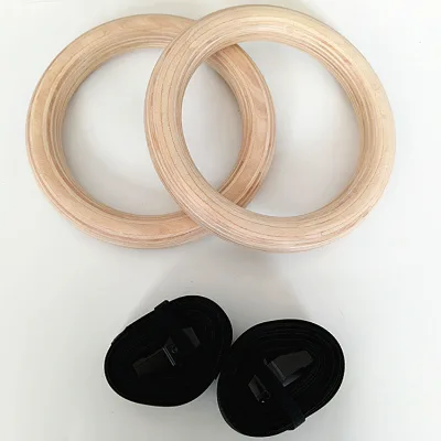 Home Exercise Wooden Gym Rings 28mm Eco-Friendly Nylon Strap Suspension Trainers for Core Strength Training 150kg Capacity Iron