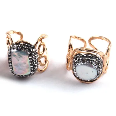 Women Finger Ring , Gold Irregular Round and Rectangle Pearl Ring ,Crystal Pave Flower Wedding Ring