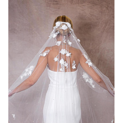 Romantic 3D Floral Floral Veil with Comb Lace Flower Pearl Veil Elbow Veil Cathedral Veil Floral Fingertip Veil