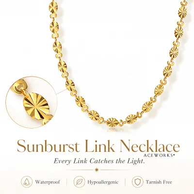 Sunburst Link Necklace | 18K Gold Plated Stainless Steel Diamond Cut Disc Chain Necklace & Bracelet | Waterproof & Tarnish Free