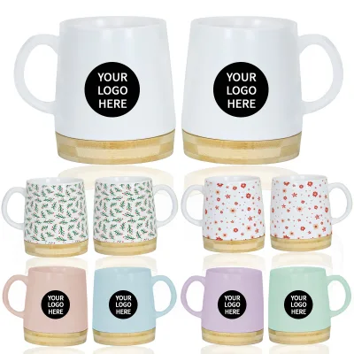 Custom Logo Nordic Bamboo Bottom Ceramic Coffee Mug Wooden Base Porcelain Water Cup Business Occasions Promo Gift Giveaways