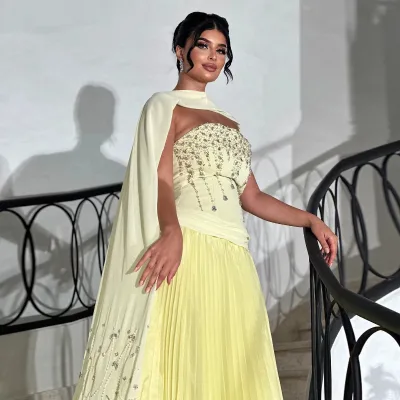 Jancember LSZ009 Beautiful Light Yellow Boat Neck Wedding Women's Party Dress with Scarf