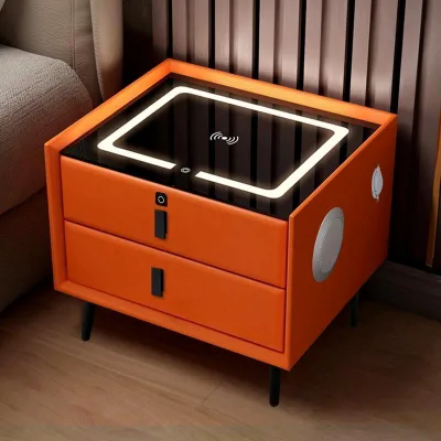 2024 New Intelligent Fingerprint Code Lock Bedside Table Bedroom With Light Wireless Charging Multi-function Nightstand