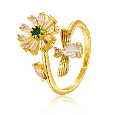 Elegant All-Match Cute Bee Fresh Daisy Opening Ring All Brass Micro-Infused with Zircon Jewelry