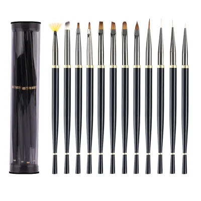 Professional Mermaid Tail Gel 12 Pcs Black Mental Handle Custom Logo Thin Nylon Hair Nail Art Paint Liner Brush Set DIY Tools