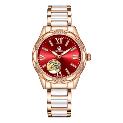 MG.ORKINA Women's Automatic Watch Mechanical Skeleton Pearl Diamond Dial Analog Ladies Wristwatch Ceramic Bracelet