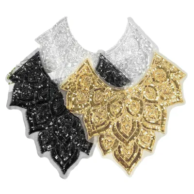 Handmade Gold & White Sequin Mesh Lace Embroidery Flower Shape Applique Patch for African Muslim Robe Accessories