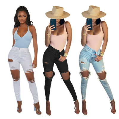 BR5417 New Women's Cotton Stretch Jeans Washed Ripped Style-Casual Denim for Summer Season Woven Solid Pattern