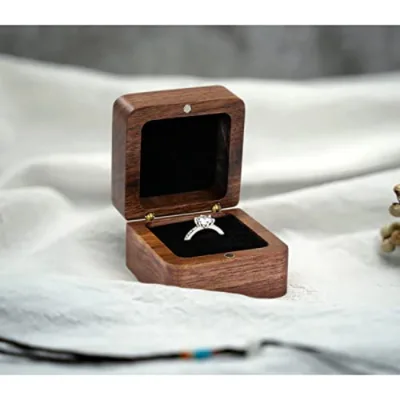 Wooden Ring Box Mini Engagement Ring Holder Box with Single Slot, Square Wedding Rings Box for Rings for Wedding Ceremony