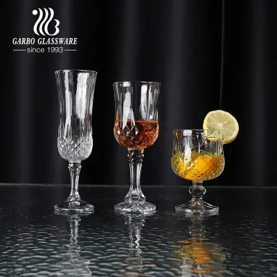 Garbo Diamond Engraved Pattern Design Glass Goblet Wine Glasses Flute Shape 101-200ml Machine Made High Quality Luxury Europe