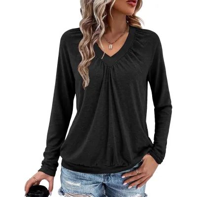 Hot Sell V-Neck Casual Solid Shirts Polyester Material Basic Tops Outfits Women's Long Sleeve T Shirt