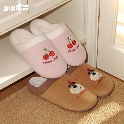 XIXITIAO New Arrival Arch Support Slippers for Couples Cherry&Puppy Print House Shoes Winter Warm Indoor Non-Slip Bedroom Slides