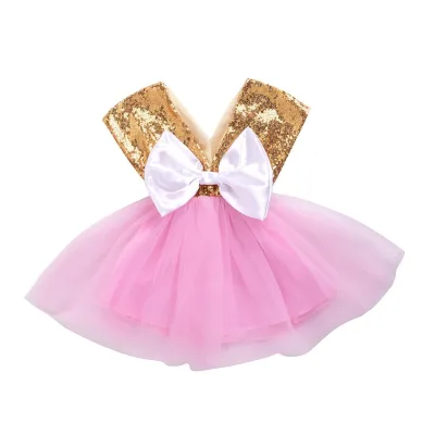 2020 Children's New V-Neck Gold Sequin Bow Pink Mesh Dress Baby Girls Princess Dress