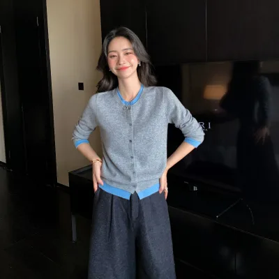 Fake Two-piece Cardigan Womens Knit Cashmere Autumn All-matching Color-block Round-neck Anti-wrinkle Patchwork Sweater Coat