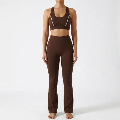 OEM High Waisted Yoga Set 2 Piece Seamless Sports Bra Set Tummy Control Butt Lift Scrunch Flared Yoga Pants Quick Dry Breathable