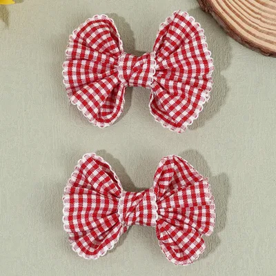 2Pcs Gingham Hair Bows Ribbon Checkered Lace Edge Clips for Girls Women Sweet Retro Hair Accessories