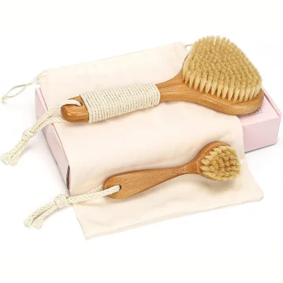 Bamboo Dry Brushing Set with Body and Face Brush, Dry Scrub Brush with Exfoliating Natural Boar Bristle for Lymphatic Drainage