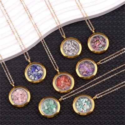 Natural Chakra Crystal Gravel Necklace Openable Locket Healing Energy Stone Quartz Pendant for Jewelry