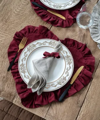 Rectangle Ruffled Linen Reusable Eco-Friendly Placemats Red Dish Mats for Wedding Table Decor