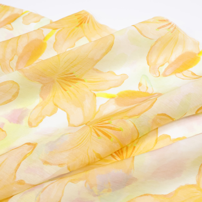 Skin friendly semi transparent yellow large flower print Tencel linen linen linen cotton linen fabric shirt dress fabric
