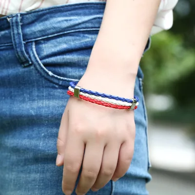 HOTWAY Wholesale National Flag Color Weaving PU Imitation Leather Bracelet Fashion Couple Bracelet Jewelry Gift