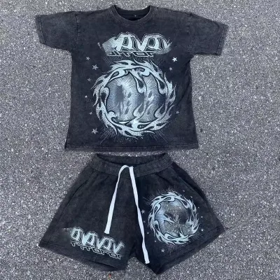 High Quality Oversize Thick Cotton Screen Printing T-shirts Custom Men Two Piece Acid Wash Oversized Men Tracksuits Set