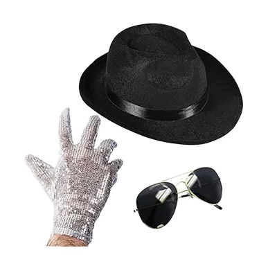 Funny MJ Disco Party  Costume Party Hats-Set 3-Fedora Hat Sequin Glove Sunglasses (Fedora Black One Size) Velvet for Men Adult