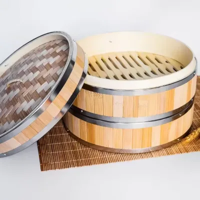 Handmade Basket Stainless Steel 10Inch Cookware Bamboo Steamer Sets for Restaurant