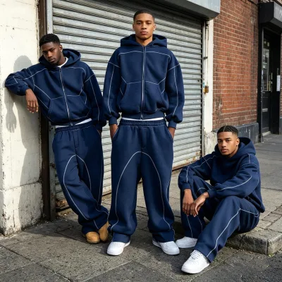 Clothing Manufacturer Custom High Quality Tracksuit Loose Vintage Zip Spliced Reflective Strip Wide Leg Street Tracksuit Unisex