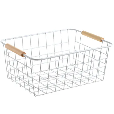DSH Household With Wooden Handle Storage Organizer Grid Iron Basket Home Basket