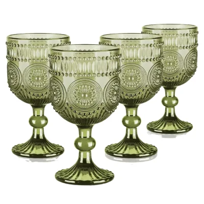 Factory Wholesale Darlion Embossed Green Wine & Water Goblets Glass Dishwasher Safe for Parties Home Tableware Wedding Drinking