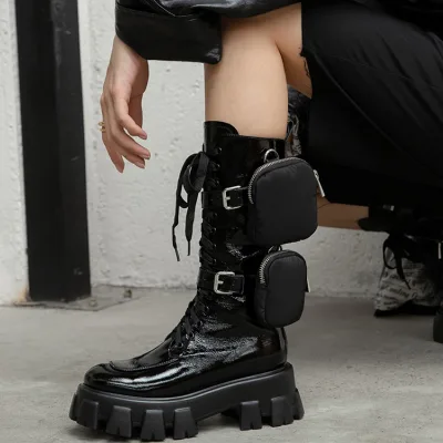 New Designs Lace-up Buckle Women Boots Removable Decoration Thick Sole Middle High Booties Shoes Breathable Boots for Ladies