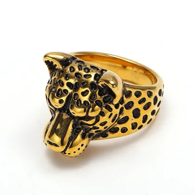 Leopard Rhinestone Stainless Steel Finger Ring for Man Vacuum Ion Plating Punk Style & Different Size for Choice 1796913