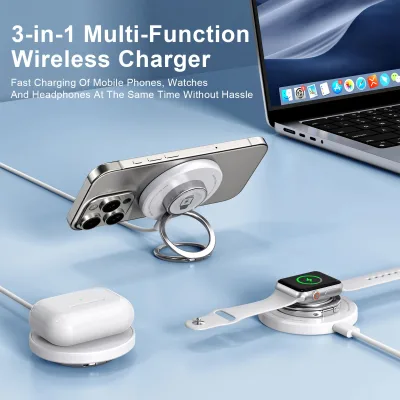 JEDI Lightweight Multifunctional 15W Magnetic Fast Charging 3 in 1 Wireless Charger With Ring Holder
