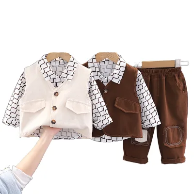 Wholesale Boys 3 Pieces Clothing Set Long Sleeves Printed Jacket Coat +cartoon T-shirt + Pants Outfits for Kids