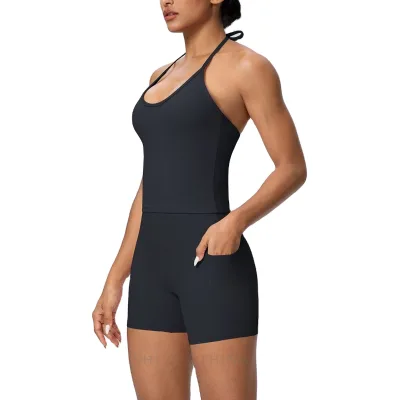 Fashion Tie-Up Sports Vest Yoga Set for Women, High-Waisted Butt-Lifting Cloud-Feel Pocket Shorts, Casual Running Fitness Outfit