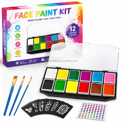 Water-Based Washable Non-Toxic Complete Face Painting Kit 12 PCS for Kids Includes Stencils Brushes Split Cake