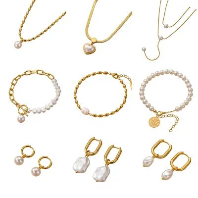 Wholesale Various Stainless Steel 18K Gold-plated Pearl element Necklace and Bracelet Fashion Collarbone Chain Set