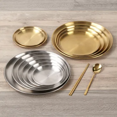 Gold Dinner Plate Dishes Eco-Friendly Stainless Steel Restaurant Supply Thicker Metal Factory Wholesale
