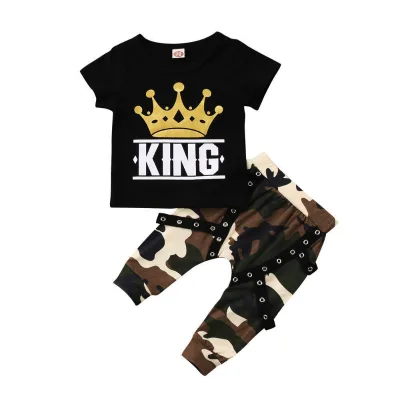 2021 summer short-sleeved black top casual camouflage pants boys suit boys clothing 2021