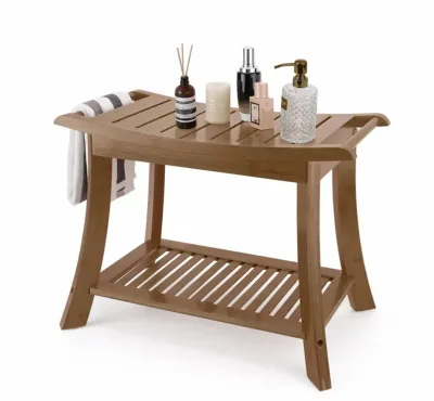 Contemporary Modern Bamboo Shower Bench with Durable Storage Shelf Bath Furniture for Home Bathroom Use
