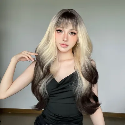White Gold Gradient Highlight Long Curly Hair Wig with High-Temperature Silk Fashionable Air Fringe Big Waves-Chemifiber