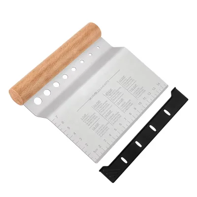 Food Grade Stainless Steel Disposable Bench Scraper Wood Handle Built-In Measurement Conversion Heavy-Duty Dough Cutter for Home