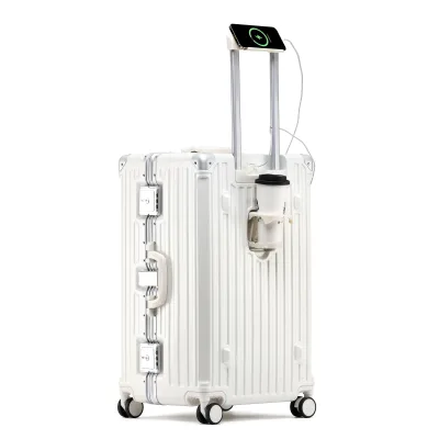 Unisex Custom 24 26 28 Inch Durable Trolley Suitcase with Phone Stand Metal Frame Luggage Carryons Cabin Luggage with Cup Holder