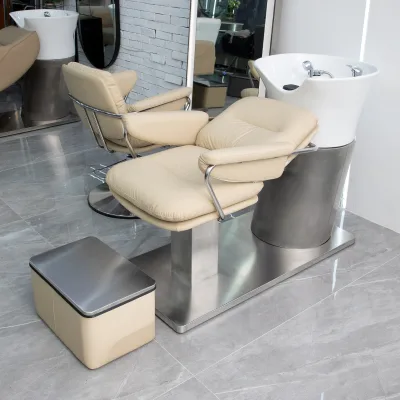 Simple Stainless Steel Shampoo Chair Bed Hot Selling Beauty Hair Salon Furniture Barbershop Washing Basin Bowl and Chair Station