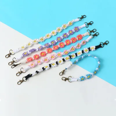 Handmade DIY Cotton Rope Key Mobile Phone Lanyard Pure Hand Woven Flower Key Chain Key Ring Hanging Accessories