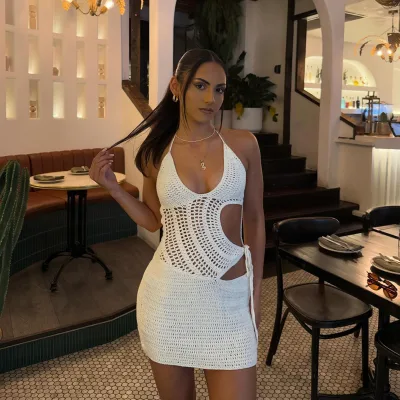 New Sexy Hollow-out Pure Waist Hanging Neck Sheath Seaside Holiday Knitted Beach Skirt