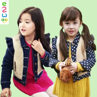 2015 Winter Fur Denim Thicken Coat With Lace Girls' Warm Coat