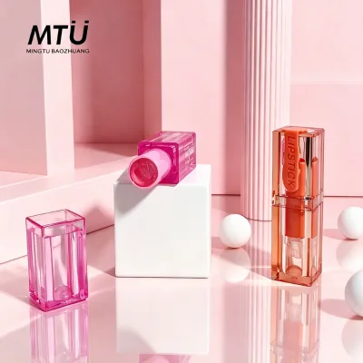 New Custom Logo Square Pink Crystal Empty Lipstick Tube 5g Lip Balm Case Container ABS Plastic Cosmetic Packaging Private Label