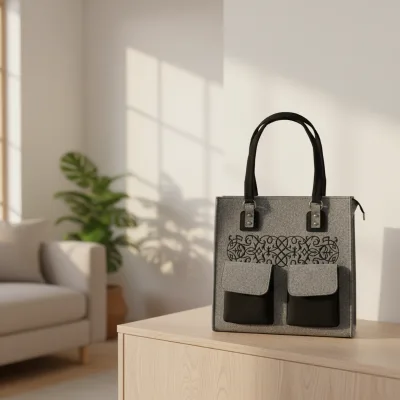 New Style Felt Purse Organizer Insert Inside Hand Bag Book for Women Grey with Many Pockets